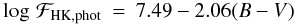 \begin{eqnarray} \label{phot_ms_1} \log\, \mathcal{F}_{\rm{HK,phot}} & = & 7.49 - 2.06 (B-V) \end{eqnarray}