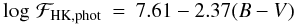 \begin{eqnarray} \label{phot_g_1} \log\, \mathcal{F}_{\rm{HK,phot}} & = & 7.61 - 2.37 (B-V) \end{eqnarray}