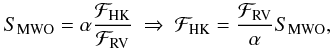 \begin{eqnarray} \label{s_flux} S_{\rm{MWO}} =\alpha \frac{\mathcal{F}_{\rm{HK}}}{\mathcal{F}_{\rm{RV}}}~ \Rightarrow ~\mathcal{F}_{\rm{HK}} = \frac{\mathcal{F}_{\rm{RV}}}{\alpha} S_{\rm{MWO}}, \end{eqnarray}
