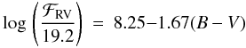 \begin{eqnarray} \label{rv_ms_sg} \log\, \left(\frac{\mathcal{F}_{\rm{RV}}}{19.2} \right) & = & 8.25 {-} 1.67(B-V) \end{eqnarray}