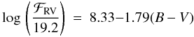 \begin{eqnarray} \label{rv_g} \log\, \left(\frac{\mathcal{F}_{\rm{RV}}}{19.2} \right) & = & 8.33 {-} 1.79(B-V) \end{eqnarray}