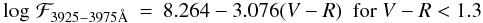 \begin{eqnarray} \label{linsky_f1} \log\, \mathcal{F}_{3925-3975 \rm{\AA}} & = & 8.264-3.076(V-R)~~\textnormal{for}~V-R<1.3 \end{eqnarray}