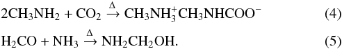 \begin{eqnarray} \label{eq3} && \rm 2CH_3NH_2+ CO_2 \xrightarrow[]{\Delta} CH_3NH_3^+CH_3NHCOO^- \\ \label{eq4} && \rm H_2CO + NH_3 \xrightarrow[]{\Delta} NH_2CH_2OH. \end{eqnarray}