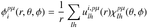 \begin{equation} \label{sce} \phi _{i}^{p \mu} (r,\theta,\phi) = \frac{1}{r} \sum _{lh} u_{lh}^{i,p \mu} (r) \chi _{lh}^{p \mu}(\theta,\phi)\, \end{equation}