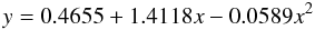 \begin{equation} y = 0.4655 + 1.4118 x - 0.0589 x^2 \end{equation}