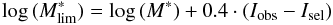 \begin{equation} \log\,(M^*_{\rm lim}) = \log\,(M^*) + 0.4 \cdot (I_{\rm obs} - I_{\rm sel}) \end{equation}