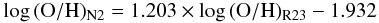 \begin{equation} \log\,(\rm{O/H})_{N2} = 1.203 \times \log\,(\rm{O/H})_{R23} - 1.932 \end{equation}