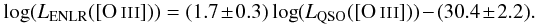 \begin{equation} \log(L_{\rm ENLR}([\ion{O}{iii}])) = (1.7\pm0.3) \log(L_{\rm QSO}([\ion{O}{iii}])) - (30.4\pm2.2). \end{equation}