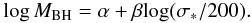 \begin{equation} {\rm log}\,M_{\rm BH} = \alpha + \beta {\rm log}(\sigma_*/ 200). \end{equation}