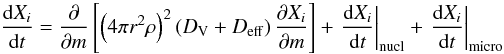 \begin{equation} \tderiv{X_i}{t} = \frac{\partial}{\partial m} \left[ \left(4 \pi r^2 \rho \right)^2 \left(\Dv + D\ind{eff} \right) \pderiv{X_i}{m} \right] + \left. \tderiv{X_i}{t} \right|_{\rm nucl} + \left. \tderiv{X_i}{t} \right|_{\rm micro} \end{equation}