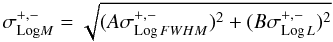 $$ \sigma^{+,-}_{{\rm Log}M} = \sqrt{(A\sigma^{+,-}_{{\rm Log}\,FWHM})^2 + (B\sigma^{+,-}_{{\rm Log}\,L})^2} $$