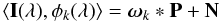 \begin{equation} \langle \mathbf{I}(\lambda), \phi_k(\lambda) \rangle = \omegabold_k * \mathbf{P} + \mathbf{N} \end{equation}