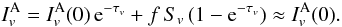 \appendix \setcounter{section}{2} \begin{equation} I_v^{\rm A} = I_v^{\rm A}(0)\,{\rm e}^{-\tau_v} + f\,S_v\, (1-{\rm e}^{-\tau_v}) \approx I_v^{\rm A}(0). \label{eq:4} \end{equation}