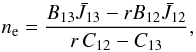 \begin{equation} \label{elecdens} n_{\rm e} = \frac{B_{13} \bar J_{13} - r B_{12} \bar J_{12} }{r\, C_{12} - C_{13}}, \end{equation}