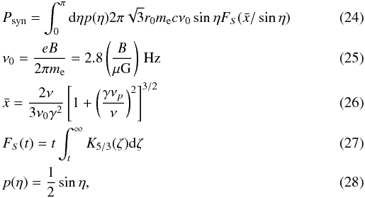 \begin{eqnarray} \label{eq.psyn} &&P_{\rm syn} =\int_0^\pi {\rm d}\eta p(\eta) 2\pi \sqrt{3} r_0 m_{\rm e} c \nu_0 \sin \eta F_S({\bar x}/\sin \eta) \\ && \nu_0= \frac{e B}{2\pi m_{\rm e}}=2.8\left(\frac{B}{\mu\mbox{G}}\right)\,\mbox{Hz}\\ && {\bar x}=\frac{2\nu}{3\nu_0 \gamma^2} \left[ 1+ \left( \frac{\gamma \nu_p}{\nu} \right)^2 \right]^{3/2}\\ &&F_S(t)=t \int_t^\infty K_{5/3}(\zeta){\rm d}\zeta\\ &&p(\eta)=\frac{1}{2}\sin\eta , \end{eqnarray}