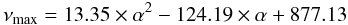 \begin{equation} \nu_{\max} = 13.35 \times \alpha^2 - 124.19 \times \alpha + 877.13 \end{equation}