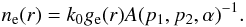 \begin{equation} n_{\rm e}(r)=k_0 g_{\rm e}(r) A(p_1,p_2,\alpha)^{-1}. \label{eq.k0} \end{equation}
