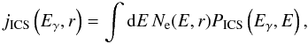 \begin{equation} j_{\rm ICS}\left(E_\gamma, r\right) = \int {\rm d}E\, N_{\rm e}(E,r) P_{\rm ICS} \left( E_\gamma,E \right), \label{eq:ICemiss} \end{equation}