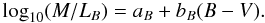 \begin{equation} \log_{10}(M/L_{B})=a_{B}+b_{B}(B-V). \end{equation}