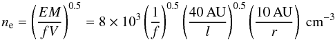\begin{equation} n_{\rm e} = \left(\frac{EM}{f V} \right)^{0.5} = 8\times10^3 \left(\frac{1}{f} \right)^{0.5} \left( \frac{40\,\mbox{AU}}{l}\right)^{0.5} \left( \frac{10\,\mbox{AU}}{r}\right) ~\mbox{cm}^{-3} \end{equation}
