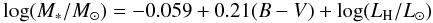 \begin{eqnarray} \label{eq:stellarmass} \log (M_{*}/{M_{\odot}}) = -0.059 + 0.21(B-V) + \log (L_{\rm H}/L_{\odot}) \end{eqnarray}