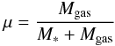 \begin{eqnarray} \label{eq:mu} \mu = \frac{M_{\rm gas}}{M_{*} + M_{\rm gas}} \end{eqnarray}