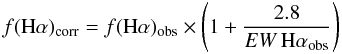 \begin{equation} {f({\rm H}\alpha)_{\rm corr} = f({\rm H}\alpha)_{\rm obs} \times \left(1 + \frac{2.8}{EW\,{\rm H}\alpha_{\rm obs}}\right)} \end{equation}