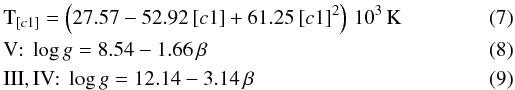 \begin{eqnarray} \label{tc1} &&\mathrm{T}_{[c1]}= \left(27.57 - 52.92\,[c1] + 61.25\,[c1]^2\right)\,10^3\,\mathrm{K} \\ &&\mathrm{V}{:}~ \log g= 8.54 - 1.66\,\beta \\ &&\mathrm{III, IV}{:}~ \log g= 12.14 - 3.14\,\beta \end{eqnarray}