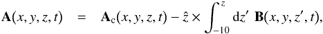 \begin{eqnarray} \label{gauge_invariant_vector_potential} \vec{A}\big(x,y,z,t\big) & = & \vec{A}_{\mathrm{c}}\big(x,y,z,t\big) - \hat{z}\times\int_{-10}^{\,z} {\rm d}z'\,\,\vec{B}\big(x,y,z',t\big), \end{eqnarray}