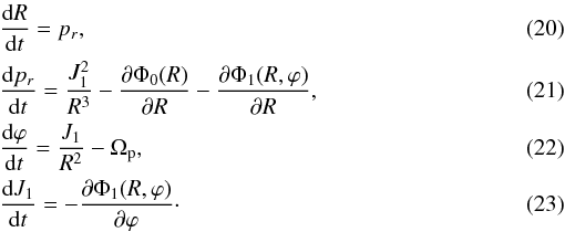 \begin{eqnarray} \label{drdt} &&\frac{{\rm d}R}{{\rm d}t}=p_r, \\ \label{dpdt} &&\frac{{\rm d}p_r}{{\rm d}t}=\frac{J_{1}^2}{R^3}-\frac{\partial{\Phi_{0}(R)}}{\partial{R}} -\frac{\partial{\Phi_{1}(R,\varphi)}}{\partial{R}}, \\ \label{dfdt} &&\frac{{\rm d}\varphi}{{\rm d}t}=\frac{J_1}{R^2}-\Omega_{\rm p}, \\ \label{dJdt} &&\frac{{\rm d}J_1}{{\rm d}t}=-\frac{\partial{\Phi_{1}(R,\varphi)}}{\partial{\varphi}}\cdot \end{eqnarray}