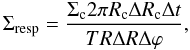\begin{equation} \label{densr} \Sigma_{\rm resp} =\frac{ \Sigma_{\rm c} 2 \pi R_{\rm c} \Delta R_{\rm c}\Delta t}{T R \Delta R \Delta \varphi}, \end{equation}