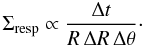 \begin{equation} \label{densr2} \Sigma_{\rm resp} \propto \frac{ \Delta t}{R\, \Delta R\, \Delta \theta}\cdot \end{equation}