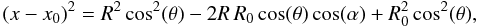 \appendix \setcounter{section}{1} \begin{equation} \label{xx} { (x-x_{0})^2 = R^2\cos^2(\theta) - 2R\, R_0\cos(\theta)\cos(\alpha) + R_{0}^2\cos^2(\theta), } \end{equation}
