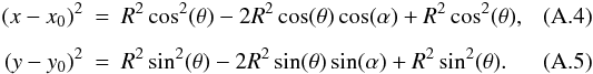 \appendix \setcounter{section}{1} \begin{eqnarray} \label{xx2} (x-x_{0})^2 &=& R^2\cos^2(\theta) - 2R^2\cos(\theta)\cos(\alpha) + R^2\cos^2(\theta), \\[2mm] \label{yy2} (y-y_{0})^2 &=& R^2\sin^2(\theta) - 2R^2\sin(\theta)\sin(\alpha) + R^2\sin^2(\theta). \end{eqnarray}