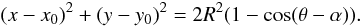\appendix \setcounter{section}{1} \begin{equation} \label{xy2} { (x-x_{0})^2 + (y-y_{0})^2 = 2R^2( 1 - \cos(\theta - \alpha)). } \end{equation}