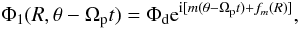 \begin{equation} \label{pot1} { \Phi_{1}(R,\theta-\Omega_{\rm p}t) = \Phi_{\rm d}{\rm e}^{{\rm i}[m(\theta-\Omega_{\rm p}t) + f_{m}(R)]}, } \end{equation}