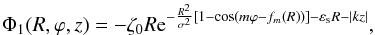 \begin{equation} \label{pp2} { \Phi_{1}(R,\varphi,z) = -\zeta_0 R{\rm e}^{-\frac{R^2}{\sigma^2}[1 - \cos(m\varphi - f_m(R))] - \varepsilon_{\rm s} R -|kz|}, } \end{equation}