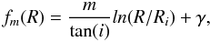 \begin{equation} \label{sf} { f_m(R) = \frac{m}{\tan(i)}ln(R/R_i) + \gamma, } \end{equation}