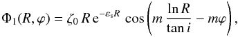 \begin{equation} \label{potpert} { \Phi_{1}(R,\varphi) = \zeta_0\, R\, {\rm e}^{-\varepsilon_{\rm s} R}\,\cos \left( m\, \frac{ {\rm ln}\, R }{{\rm tan}\, i} - m\varphi \right), } \end{equation}