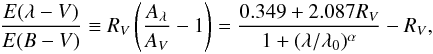\begin{eqnarray} \frac{E(\lambda-V)}{E(B-V)} \equiv R_V \left ( \frac{A_\lambda}{A_V} -1 \right )= \frac{0.349 + 2.087R_V}{1+(\lambda/\lambda_0)^\alpha}-R_V, \end{eqnarray}