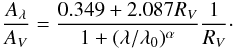 \begin{eqnarray} \frac{A_\lambda}{A_V}= \frac{0.349 + 2.087R_V}{1+(\lambda/\lambda_0)^\alpha} \frac{1}{R_V}\cdot \end{eqnarray}