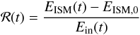\begin{equation} \label{eq:eres} {\cal R}(t) = \frac{E_{\rm ISM}(t)-E_{\rm ISM,0}}{E_{\rm in}(t)} \end{equation}