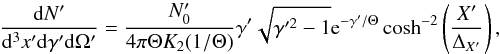 $$ \frac{{\rm d}N'}{{\rm d}^3x'{\rm d}\gamma'{\rm d}\Omega'}= \frac{N'_0}{4 \pi \Theta K_2(1/\Theta)} \gamma' \sqrt{\gamma'^2-1} {\rm e}^{-\gamma'/\Theta} \cosh^{-2} \left(\frac{X'}{\Delta_{X'} } \right) , $$