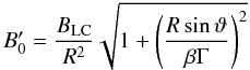 \begin{equation} B'_0 = \frac{\blc}{R^2} \sqrt{1+\left(\frac{R\sin\vartheta}{\beta\Gamma} \right)^2} \end{equation}
