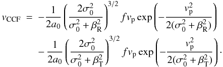\appendix \setcounter{section}{1} \begin{eqnarray} \vc &=& -\frac{1}{2a_0} \left(\frac{2\sigma_0^2}{\sigma_0^2+\beta_{\rm R}^2}\right)^{3/2} f v_{\rm p} \exp\left(-\frac{v_{\rm p}^2}{2(\sigma_0^2+\beta_{\rm R}^2)}\right) \notag\\&& -\,\frac{1}{2a_0} \left(\frac{2\sigma_0^2}{\sigma_0^2+\beta_{\rm T}^2}\right)^{3/2} f v_{\rm p} \exp\left(-\frac{v_{\rm p}^2}{2(\sigma_0^2+\beta_{\rm T}^2)}\right) \cdot \end{eqnarray}