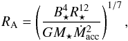 \begin{equation} R_\mathrm{A} = \left( \frac{B_\star^4 R_\star^{12}}{GM_\star \dot{M}_\mathrm{acc}^2} \right)^{1/7}, \end{equation}