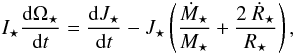 \begin{equation} I_{\star}\frac{\mathrm{d} \Omega_{\star}}{\mathrm{d} t} = \frac{\mathrm{d} J_\star}{\mathrm{d} t} - J_{\star}\left(\frac{\dot{M}_{\star}}{M_{\star}} + \frac{2~\dot{R}_\star}{R_{\star}}\right), \label{eq:omegadot} \end{equation}