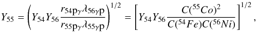 \begin{equation} \label{eqequil1} Y_{55} = \left( Y_{54} Y_{56} \frac{r_{54\mbox{p}\gamma}\lambda_{56\gamma\mbox{p}}} {r_{55\mbox{p}\gamma}\lambda_{55\gamma\mbox{p}}} \right)^{1/2} = \left[ Y_{54} Y_{56} \frac{C(^{55}{Co})^2}{C(^{54}{Fe}) C(^{56}{Ni})} \right]^{1/2}, \end{equation}