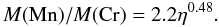 \begin{equation} \label{eq22} M({\rm Mn})/M({\rm Cr})=2.2\eta^{0.48}. \end{equation}