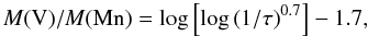 \begin{equation} \label{eq26} M({\rm V})/M({\rm Mn})=\log\left[\log\left(1/\tau\right)^{0.7}\right]-1.7, \end{equation}